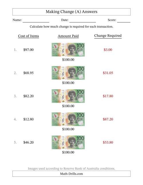 The Making Change from Australian One Hundred Dollar Banknotes (A) Math Worksheet Page 2