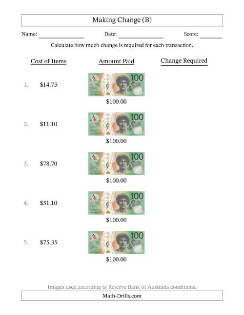 The Making Change from Australian One Hundred Dollar Banknotes (B) Math Worksheet