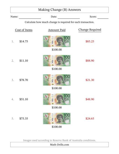 The Making Change from Australian One Hundred Dollar Banknotes (B) Math Worksheet Page 2