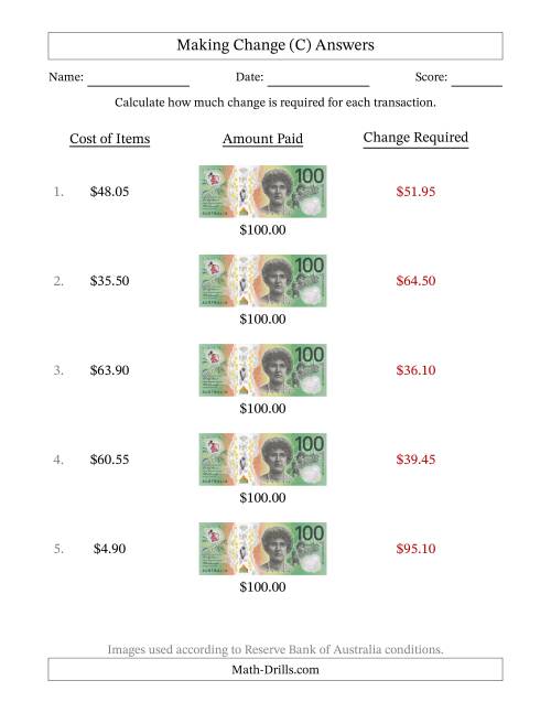 The Making Change from Australian One Hundred Dollar Banknotes (C) Math Worksheet Page 2