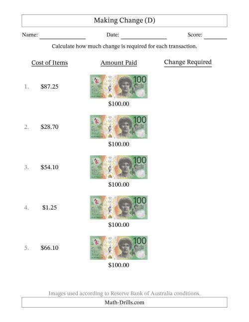 The Making Change from Australian One Hundred Dollar Banknotes (D) Math Worksheet