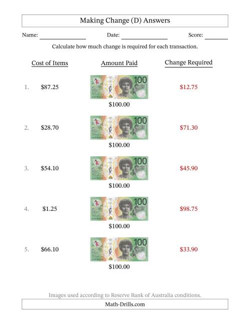 The Making Change from Australian One Hundred Dollar Banknotes (D) Math Worksheet Page 2