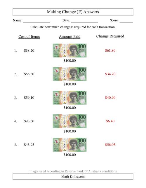 The Making Change from Australian One Hundred Dollar Banknotes (F) Math Worksheet Page 2