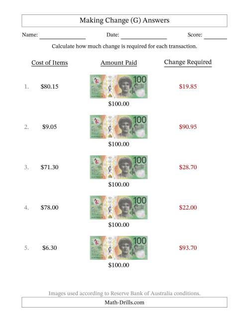 The Making Change from Australian One Hundred Dollar Banknotes (G) Math Worksheet Page 2