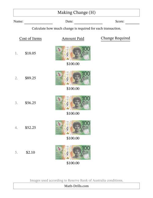 The Making Change from Australian One Hundred Dollar Banknotes (H) Math Worksheet