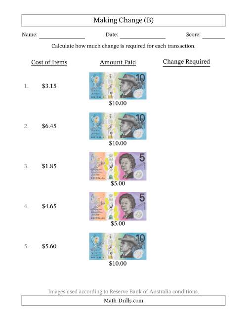 The Making Change from Australian Banknotes up to Ten Dollars (B) Math Worksheet