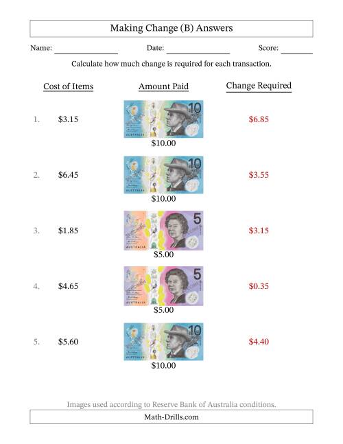 The Making Change from Australian Banknotes up to Ten Dollars (B) Math Worksheet Page 2