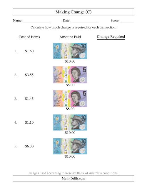 The Making Change from Australian Banknotes up to Ten Dollars (C) Math Worksheet