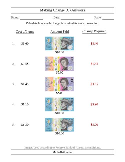 The Making Change from Australian Banknotes up to Ten Dollars (C) Math Worksheet Page 2