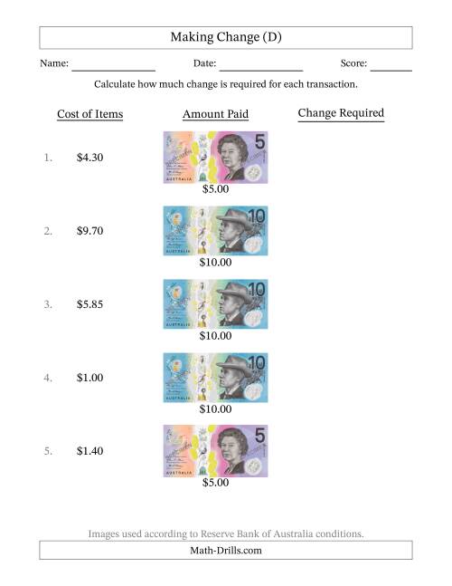 The Making Change from Australian Banknotes up to Ten Dollars (D) Math Worksheet