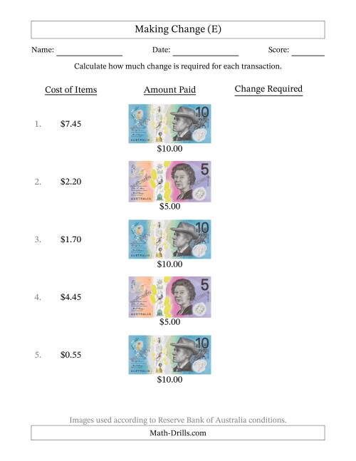 The Making Change from Australian Banknotes up to Ten Dollars (E) Math Worksheet