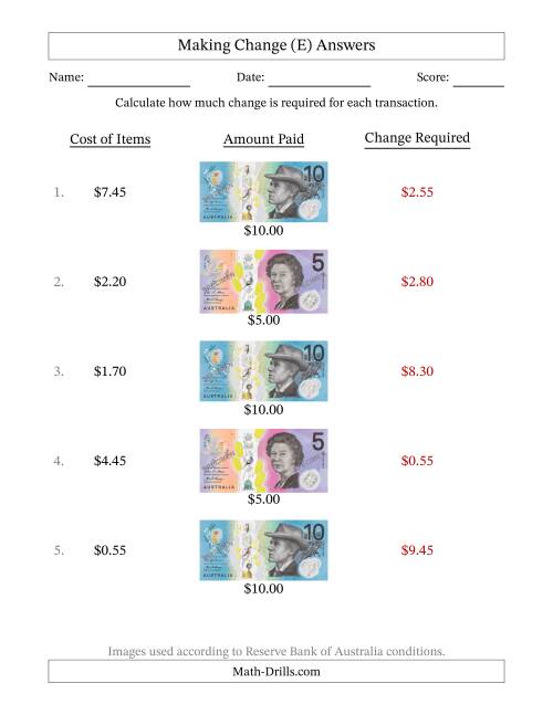 The Making Change from Australian Banknotes up to Ten Dollars (E) Math Worksheet Page 2