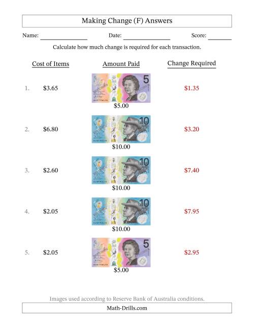 The Making Change from Australian Banknotes up to Ten Dollars (F) Math Worksheet Page 2