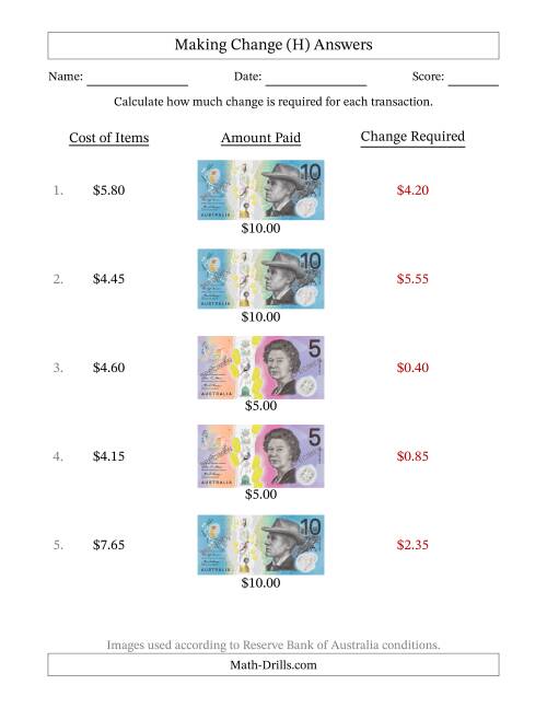 The Making Change from Australian Banknotes up to Ten Dollars (H) Math Worksheet Page 2