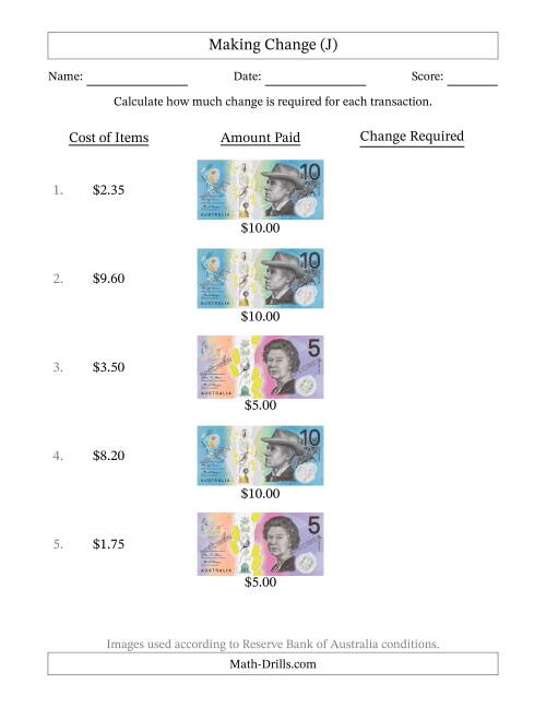 The Making Change from Australian Banknotes up to Ten Dollars (J) Math Worksheet