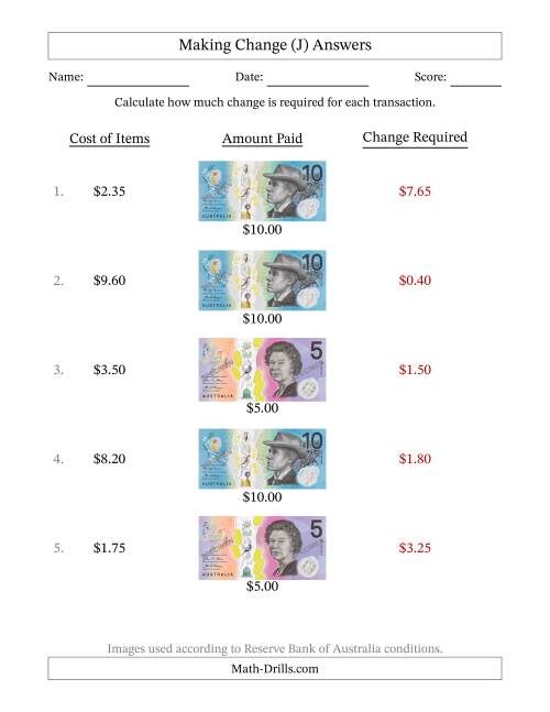 The Making Change from Australian Banknotes up to Ten Dollars (J) Math Worksheet Page 2