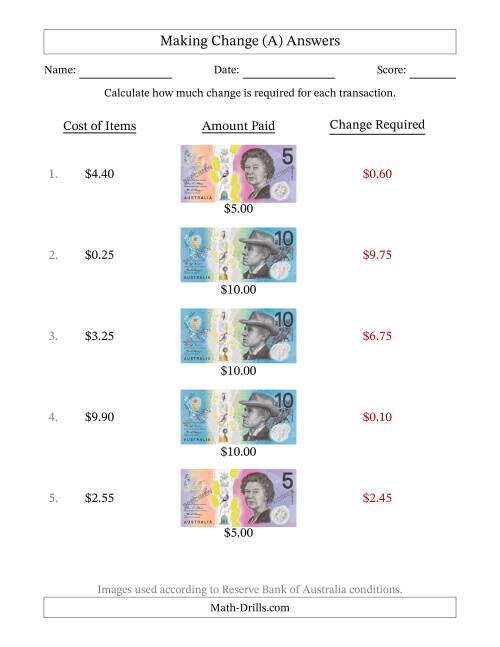 The Making Change from Australian Banknotes up to Ten Dollars (All) Math Worksheet Page 2