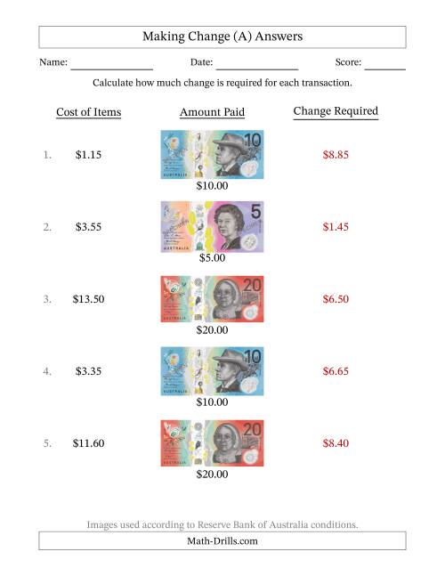 The Making Change from Australian Banknotes up to Twenty Dollars (A) Math Worksheet Page 2