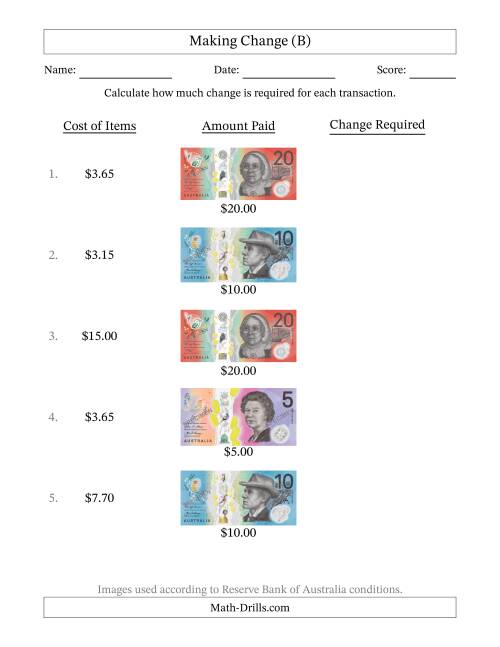 The Making Change from Australian Banknotes up to Twenty Dollars (B) Math Worksheet