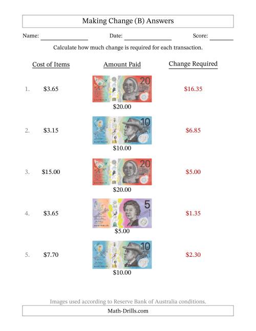 The Making Change from Australian Banknotes up to Twenty Dollars (B) Math Worksheet Page 2