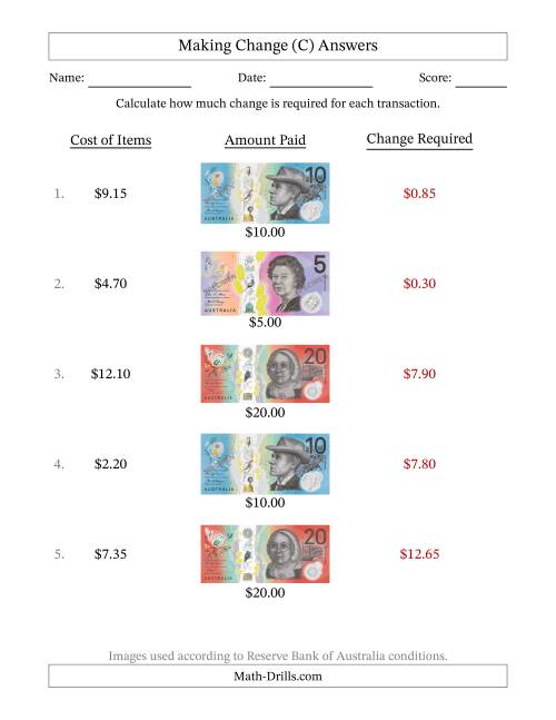 The Making Change from Australian Banknotes up to Twenty Dollars (C) Math Worksheet Page 2