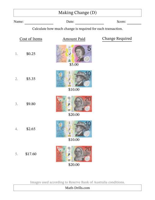 The Making Change from Australian Banknotes up to Twenty Dollars (D) Math Worksheet