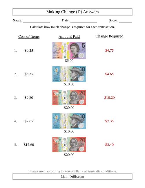 The Making Change from Australian Banknotes up to Twenty Dollars (D) Math Worksheet Page 2