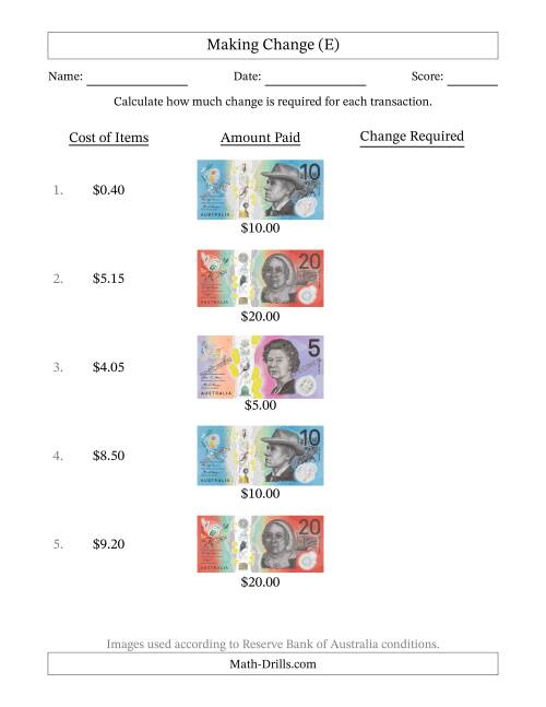 The Making Change from Australian Banknotes up to Twenty Dollars (E) Math Worksheet