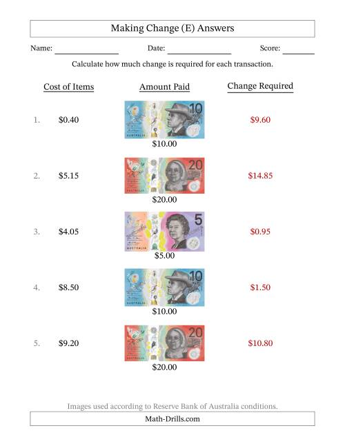 The Making Change from Australian Banknotes up to Twenty Dollars (E) Math Worksheet Page 2