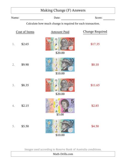 The Making Change from Australian Banknotes up to Twenty Dollars (F) Math Worksheet Page 2