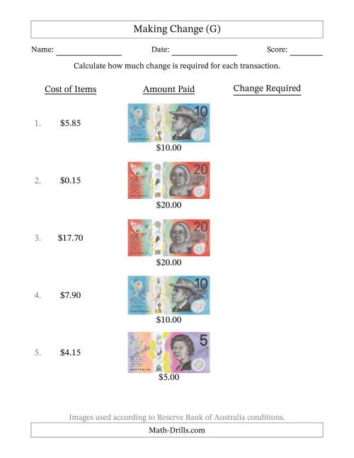 The Making Change from Australian Banknotes up to Twenty Dollars (G) Math Worksheet