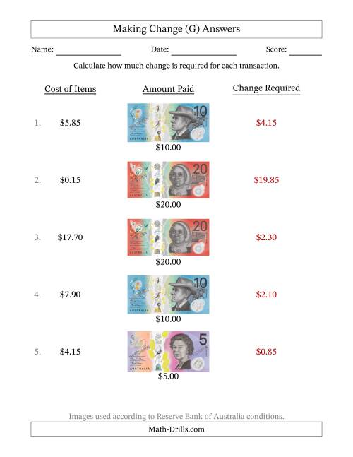 The Making Change from Australian Banknotes up to Twenty Dollars (G) Math Worksheet Page 2