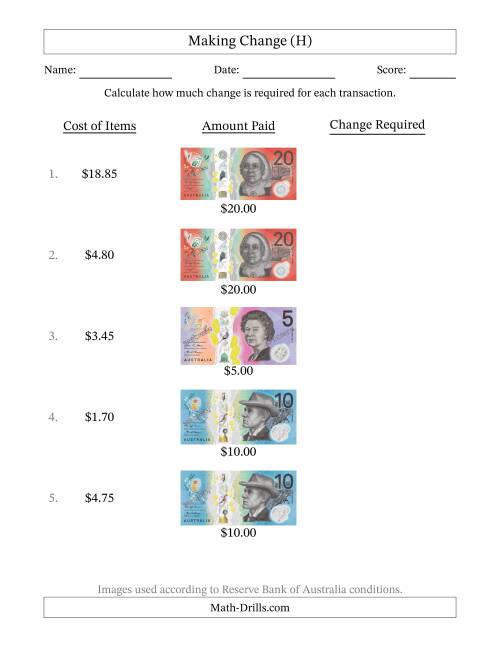 The Making Change from Australian Banknotes up to Twenty Dollars (H) Math Worksheet