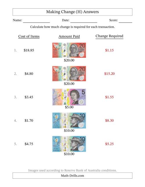 The Making Change from Australian Banknotes up to Twenty Dollars (H) Math Worksheet Page 2