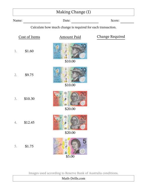 The Making Change from Australian Banknotes up to Twenty Dollars (I) Math Worksheet