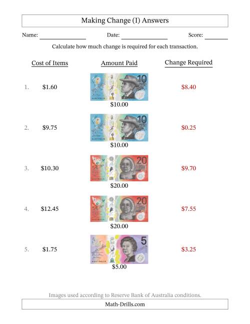 The Making Change from Australian Banknotes up to Twenty Dollars (I) Math Worksheet Page 2