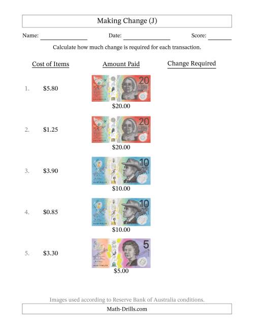 The Making Change from Australian Banknotes up to Twenty Dollars (J) Math Worksheet