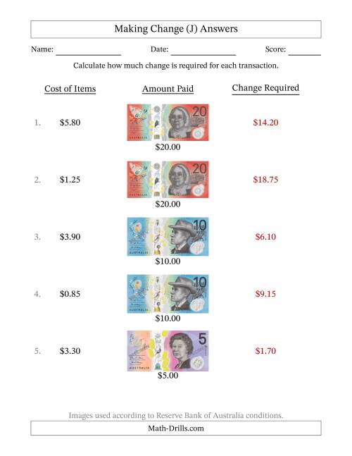 The Making Change from Australian Banknotes up to Twenty Dollars (J) Math Worksheet Page 2