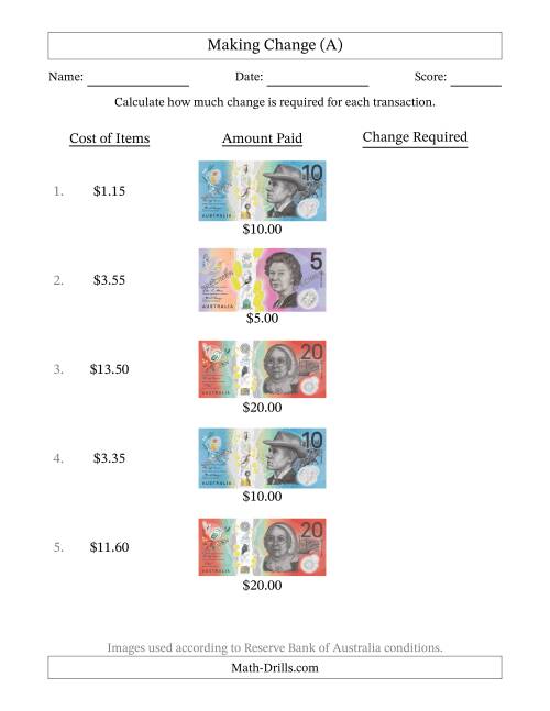 The Making Change from Australian Banknotes up to Twenty Dollars (All) Math Worksheet