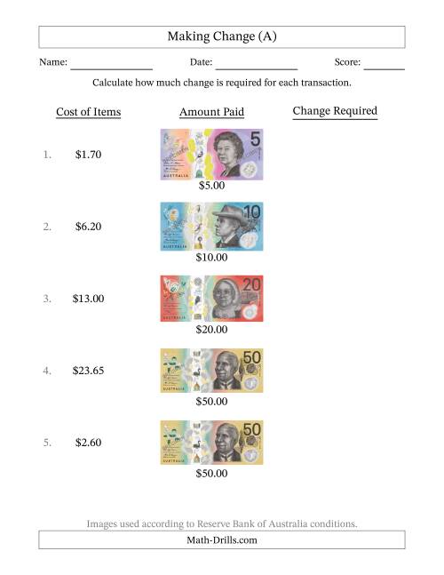 The Making Change from Australian Banknotes up to Fifty Dollars (A) Math Worksheet