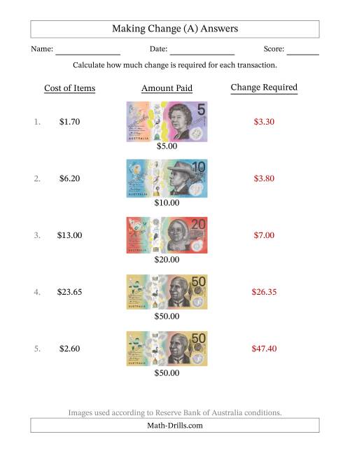 The Making Change from Australian Banknotes up to Fifty Dollars (A) Math Worksheet Page 2