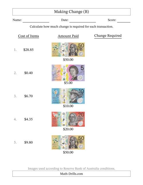 The Making Change from Australian Banknotes up to Fifty Dollars (B) Math Worksheet