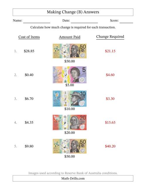 The Making Change from Australian Banknotes up to Fifty Dollars (B) Math Worksheet Page 2