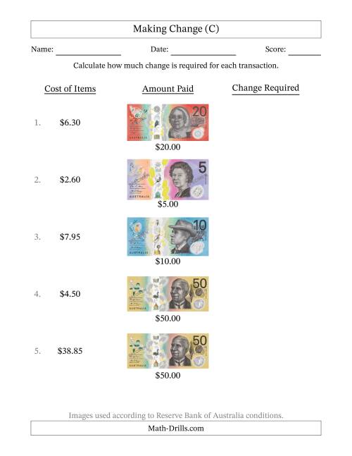 The Making Change from Australian Banknotes up to Fifty Dollars (C) Math Worksheet