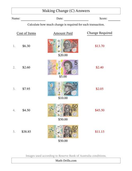 The Making Change from Australian Banknotes up to Fifty Dollars (C) Math Worksheet Page 2