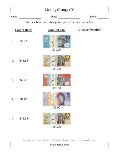 The Making Change from Australian Banknotes up to Fifty Dollars (D) Math Worksheet