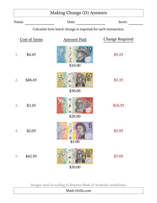 The Making Change from Australian Banknotes up to Fifty Dollars (D) Math Worksheet Page 2