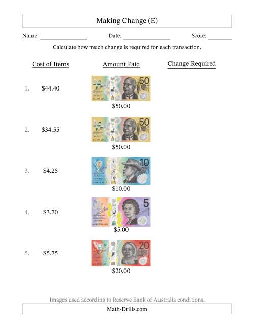 The Making Change from Australian Banknotes up to Fifty Dollars (E) Math Worksheet