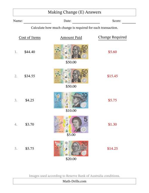 The Making Change from Australian Banknotes up to Fifty Dollars (E) Math Worksheet Page 2