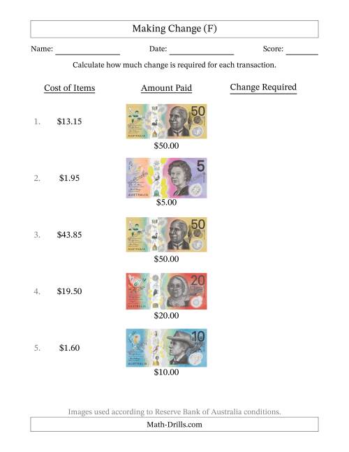 The Making Change from Australian Banknotes up to Fifty Dollars (F) Math Worksheet